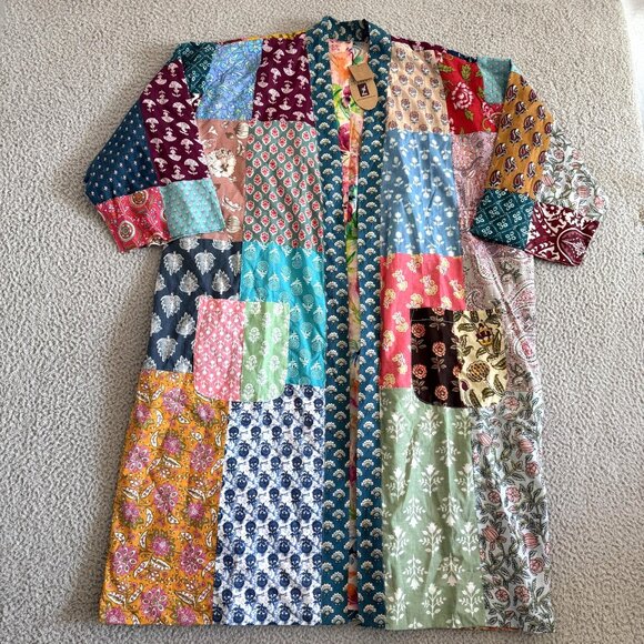Art Studio Kimono Robe Patchwork Boho India Reversible Floral Oversized - Picture 1 of 13